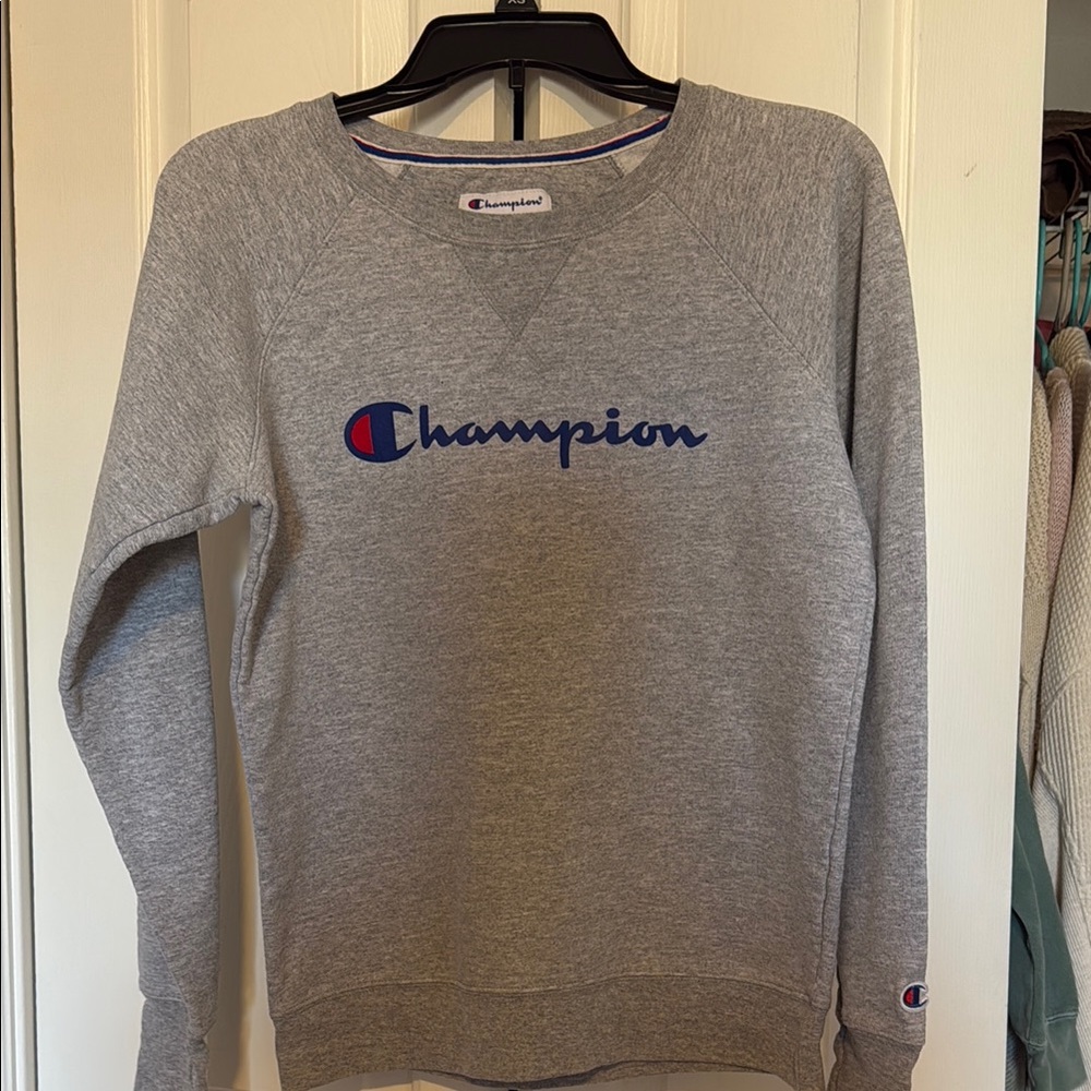 Champion Light Heather Gray Crewneck Sweater with Logo